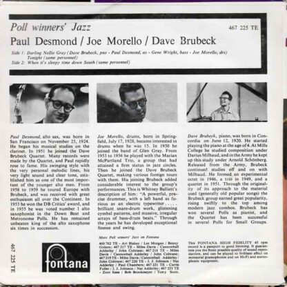 Paul Desmond/Dave Brubeck/Joe Morello - Poll Winners' Jazz (7"EP NL 1961) - Image 2
