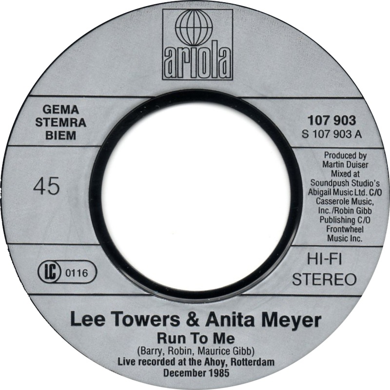 Towers, Lee & Anita Meyer Run to me (1985) label a 2,00 Het Plaathuis