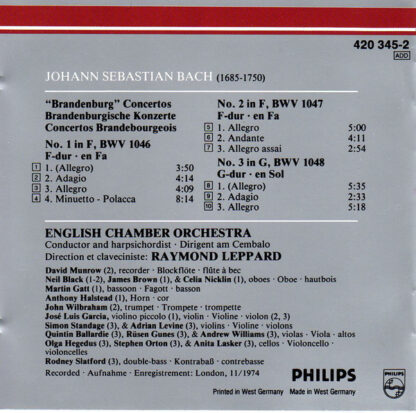 Bach - 'Brandenburg' Concertos Nos. 1,2 & 3 - English Chamber Orchestra olv Raymond Leppard (CD 1990) - Image 5