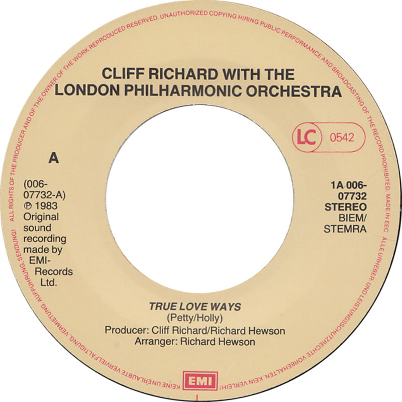Cliff Richard with The London Philharmonic Orchestra - True Love Ways (7"si NL 1983) live mint-/vg+ - Image 3