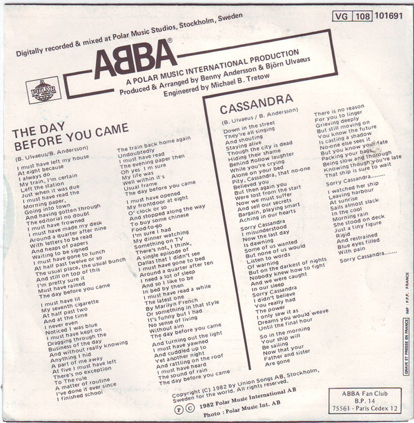 ABBA - The Day Before You Came (7"si France 1982) vg++/nm - Image 2