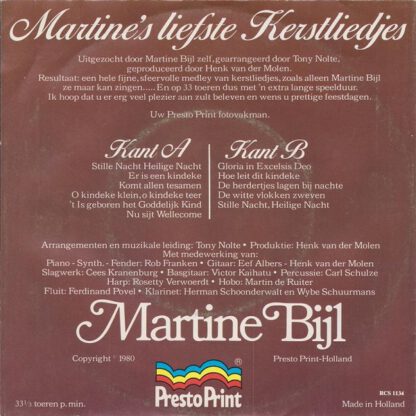 Martine Bijl ‎– Martine's Liefste Kerstliedjes (7"mini-lp NL 1980) vg+/vg - Image 2