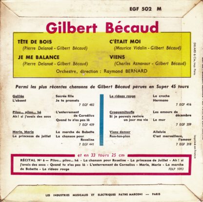 Gilbert Bécaud ‎– Tête de Bois (7"EP France 1960) - Image 2