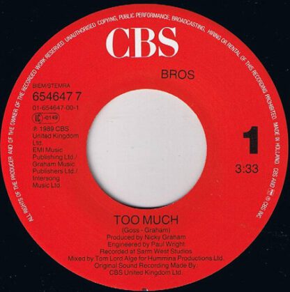 Bros ‎– Too Much (7"si NL 1989) - Image 3