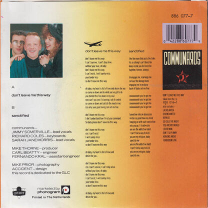 Communards with Sarah Jane Morris ‎– Don't Leave Me This Way (7"si NL 1986) - Image 2