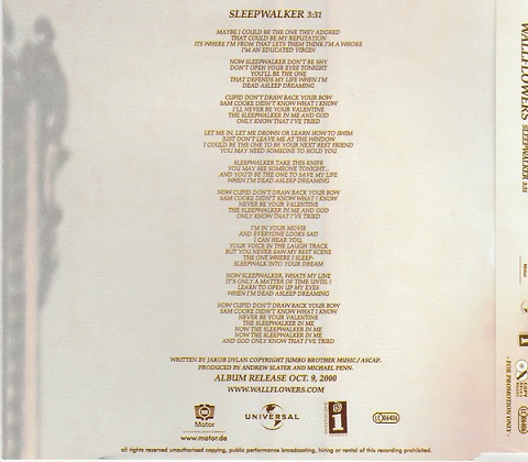 The Wallflowers (Jakob Dylan) – Sleepwalker (CD-si Germany 2000) PROMO!! - Image 2