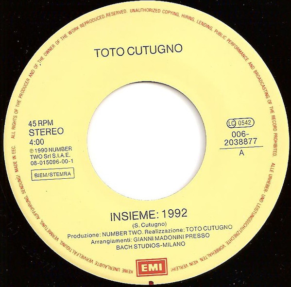 Toto Cutugno Insieme 1992 (7"si NL 1990) Eurovision Song Contest Winner Het Plaathuis