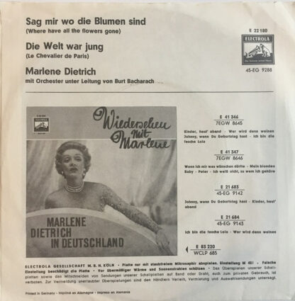 Marlene Dietrich ‎– Sag Mir Wo Die Blumen Sind (7"si NL with German sleeve 1962) vg++/vg++ - Image 2