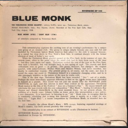 Thelonious Monk ‎– Blue Monk (The Music of Thelonious Monk) 7"EP Switzerland 1958 - Image 2