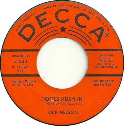 Rick Nelson ‎– Fools Rush In / Down Home (7"si US 1963) Extremely Rare Promotion Copy with Picture Sleeve!!! nm/vg++ - Image 3