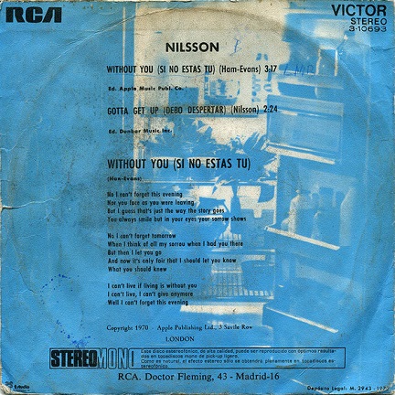 Nilsson – Without You (Si No Estás Tú) 7"si Spain 1972 - Image 2