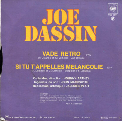 Joe Dassin ‎– Vade Retro / Si Tu T'appelles Mélancolie (7"si France 1974) - Image 2