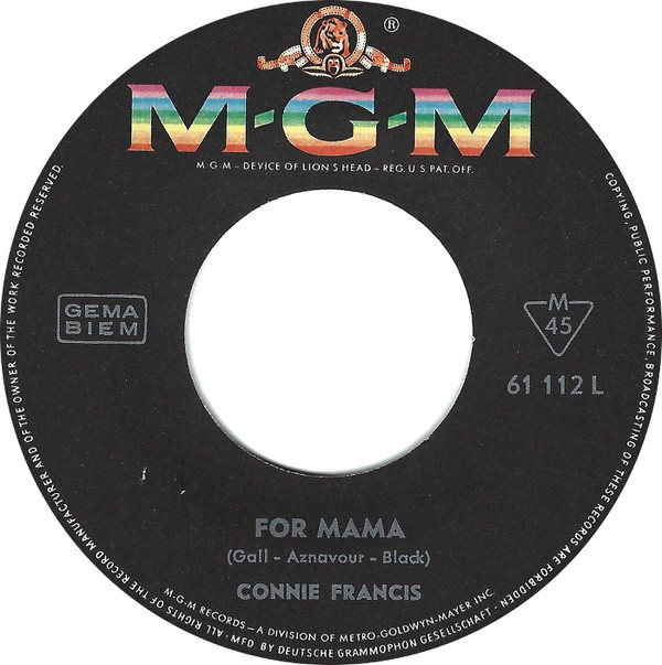 Connie Francis – For Mama / She'll Be Comin' 'Round the Mountain (7"si Germany1965)
