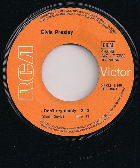 Elvis Presley – Don't Cry Daddy / Rubberneckin' (7"si France 1969) vg+/vg - Image 3