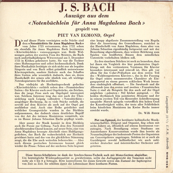 Bach Orgelkonzert: Excepts from the Notebook for Anna Magdalena – Piet van Egmond (Germany 33rpm mini-lp 1964) - Image 2