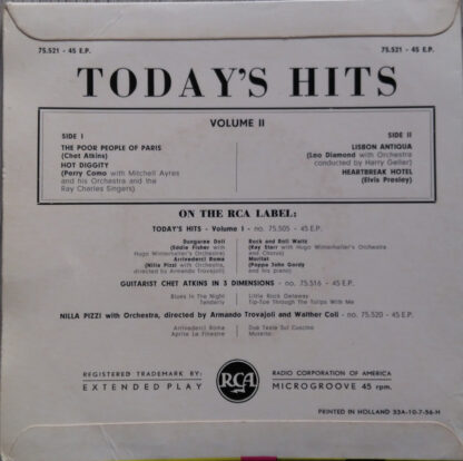 Chet Atkins / Perry Como / Leo Diamond / Elvis Presley ‎– Today's Hits Volume II (7"EP B-NL 1956) EXTREMELY RARE!! The VERY first EP EVER featuring Elvis Presley!! - Image 2