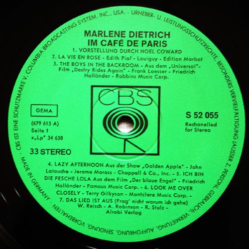 Marlene Dietrich – Im Café De Paris (LP Germany 1969) Rechanneled 1954 Concert for STEREO nm/vg++ - Image 3