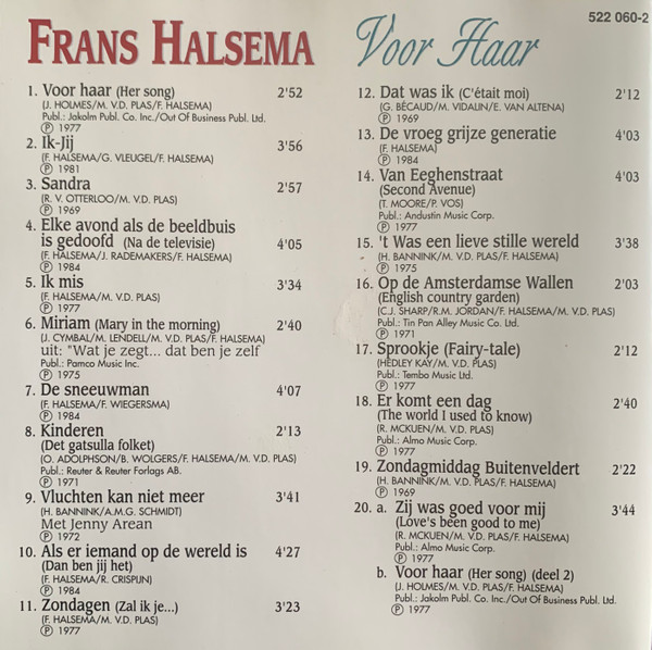 Frans Halsema – Voor Haar (Zijn 20 Allermooiste Liedjes) CD NL 1994 nm/nm - Image 2