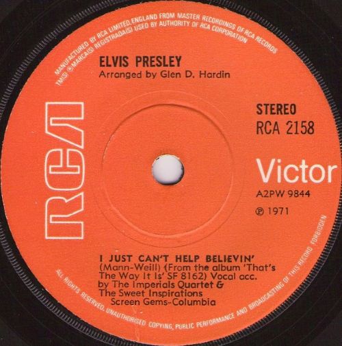 Elvis Presley – I Just Can't Help Believin' (7"si UK 1971) vg++/vg